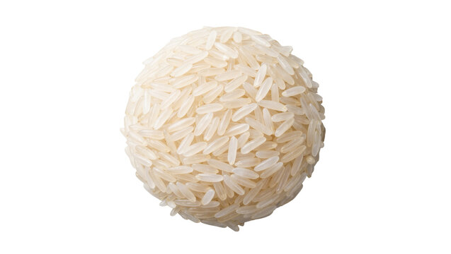 Sphere of uncooked white long grain rice, isolated on transparent background