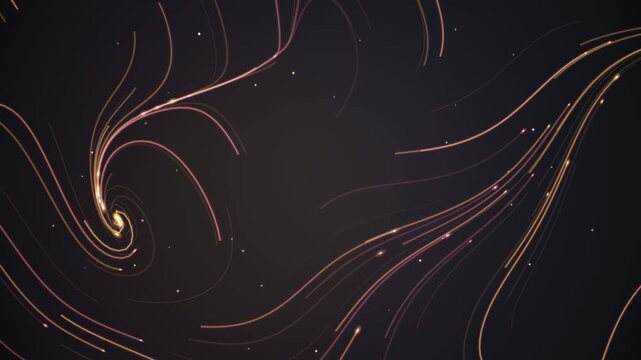 Golden And Pink Glowing Particle Trails Flowing Smoothly In Curved Dynamic Streams Over A Dark Background
