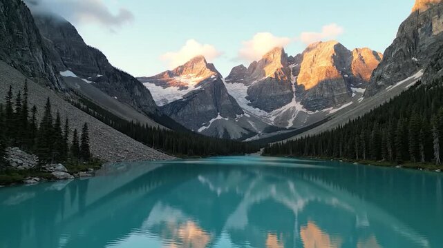 Moraine Lake in Banff National Park with turquoise water and dramatic Ten Peaks beneath golden evening light creating cinematic professional Canadian mountain travel footage