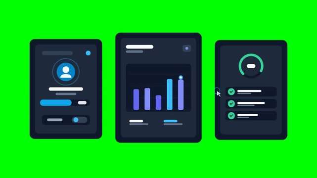 Interactive Dashboard UI Animation with User Profile and Bar Charts on Green Background