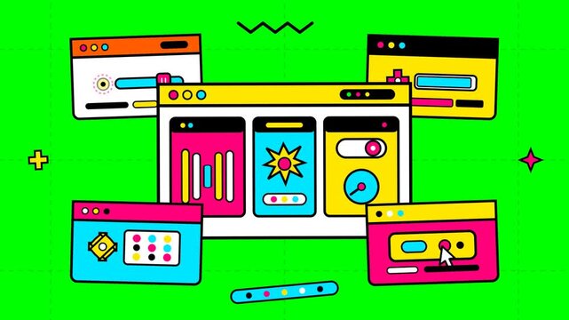 Vibrant digital interface animation with colorful software windows and controls
