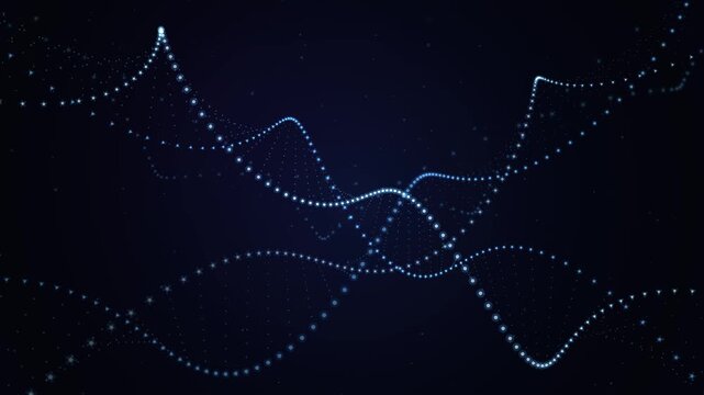 Abstract digital waves of glowing particles moving in a dark background