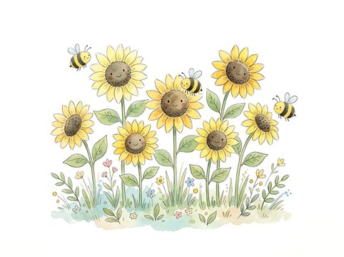 Summer sunflower field with bees, watercolor illustration, isolated on white background