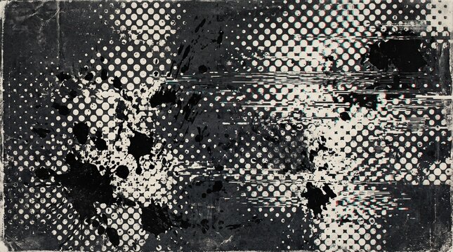 Monochromatic halftone dot distressed background texture with heavy black ink splatter horizontal glitch noise lines grunge paper overlay for punk zine poster street fashion cover art