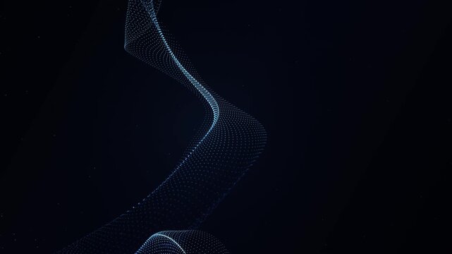 Abstract flowing particles forming glowing blue wave structures in dark space