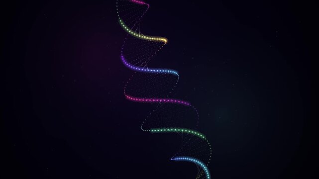 Abstract glowing dna helix structure rotating in deep space with colorful particle light trails