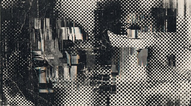 Abstract halftone matrix distressed background texture with horizontal glitch distortion pixel block error vintage grunge print overlay for punk cyberpunk poster album cover art design