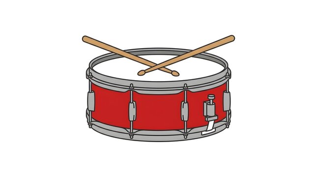 Red marching drum with two crossed wooden drumsticks, depicted as a colorful musical instrument illustration.