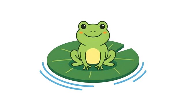 Cute green frog sitting on a lily pad, depicted as a colorful cartoon illustration isolated on a white background.
