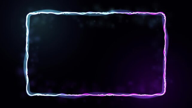 Abstract glowing rectangular frame with neon light energy pulses and flowing particles on a dark background