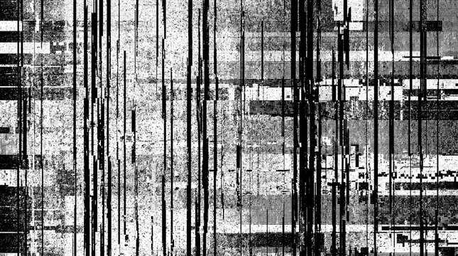 Monochrome glitch screen background with digital noise display error vector horizontal line overlay for video editing cyber punk texture computer system crash retro tv signal distortion