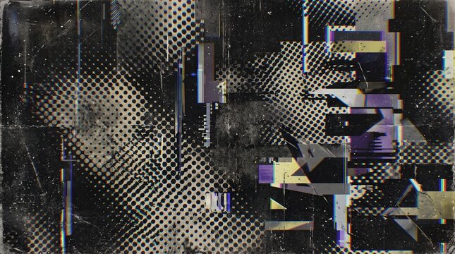 Distressed glitch screen background with digital noise halftone dot pattern overlay retro chromatic aberration and pixel distortion effect for poster album cover music visual graphic design