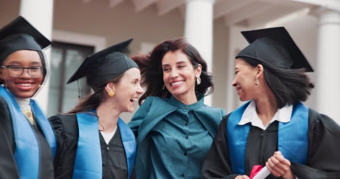 Happy, students and professor with hug for graduation pride, shared achievement or celebration. Laugh, lecturer and embrace women outdoor for ceremony support, graduate success and degree completion