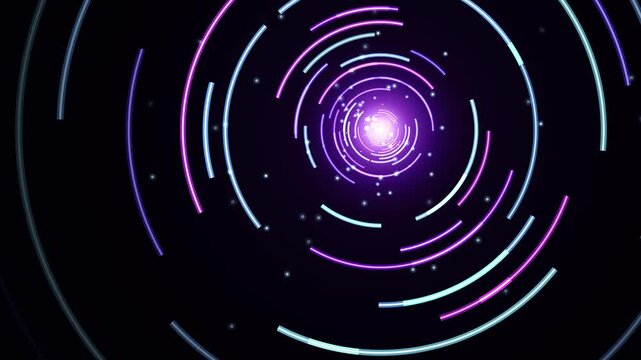 Abstract neon circular portal tunnel with glowing light beams and digital particles in dark space