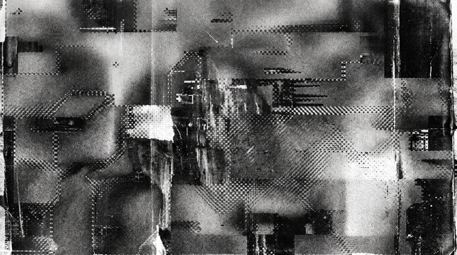 Glitch screen photocopy background with dark abstract noise distortion, scanned paper grain texture, retro dirty print overlay for industrial graphic layout, dark techno poster, album cover.