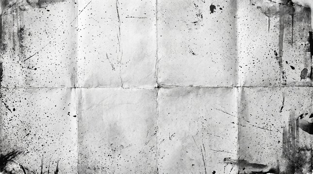 Distressed white folded paper background with black ink splatters and grunge scratches for vintage poster design, album cover artwork, banner layout, urban street flyer texture backdrop.