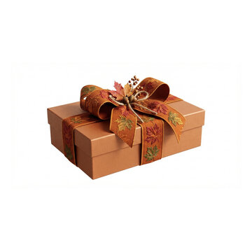 3D Autumn Gift Box Wrapped With Maple Leaf Ribbon, seasonal commercial concept, premium 3D render, on white background