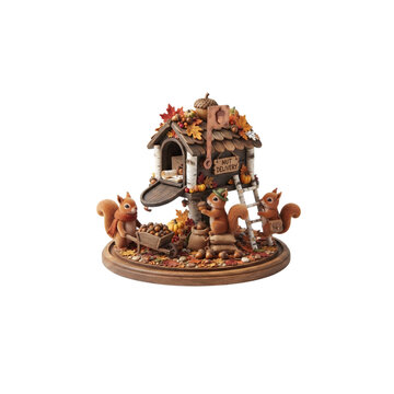 3D Autumn Mailbox With Tiny Squirrels Delivering Acorns, cute collectible style, highly detailed, on white background