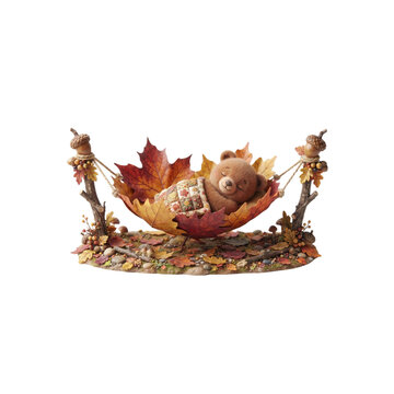 3D Bear Sleeping in a Hammock Made From Giant Autumn Leaves, cute miniature style, on white background