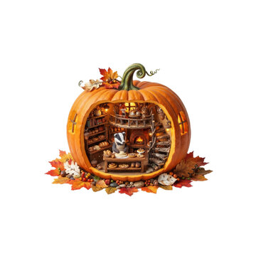 3D Tiny Woodland Bakery Built Inside a Giant Pumpkin, autumn fantasy style, highly detailed, crisp vivid colors, on white background