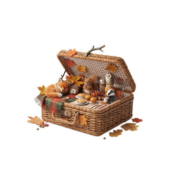 3D Autumn Picnic Basket With Tiny Woodland Characters Inside, cute commercial illustration, highly detailed, on white background