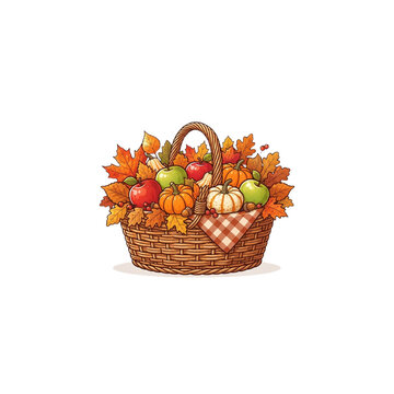 Autumn Picnic Basket Filled With Apples, Pumpkins and Leaves, autumn cartoon, on white background