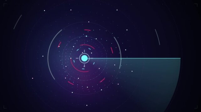 Circular radar scanning interface with glowing light beam and digital data navigation