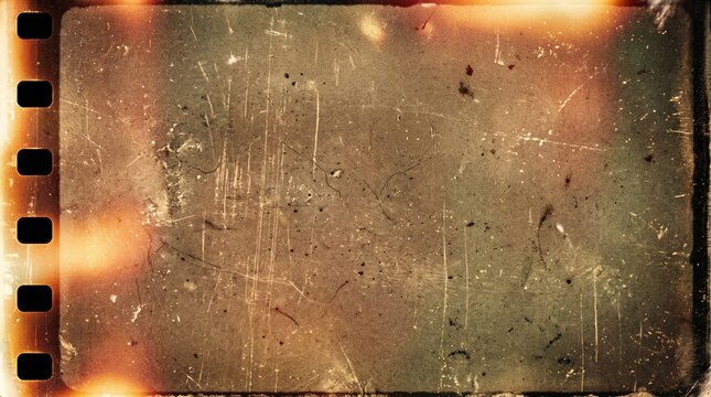 Distressed background with vintage film light leak, analog camera frame perforations, heavy scratches, dust texture, sepia glow effect for retro video overlay and photo aesthetic editing.