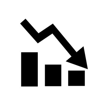 Decreasing bar chart graph with arrow pointing down icon, vector illustration for financial loss, business crisis, economic recession, stock market crash, inflation, and failure concept isolated on 
