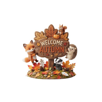 3D Wooden Autumn Sign Held by Tiny Woodland Animals, cute seasonal concept, clean polished 3D render, on white background