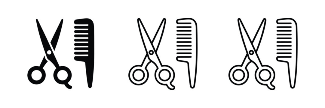 scissors comb hair salon icon collection, professional hairdressing equipment symbols featuring solid outline and hand drawn sketch designs