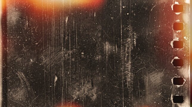 Distressed background overlay with 35mm film strip holes heavy vertical scratches dust particles and orange light burn flares for vintage movie intro and retro video thumbnail creation