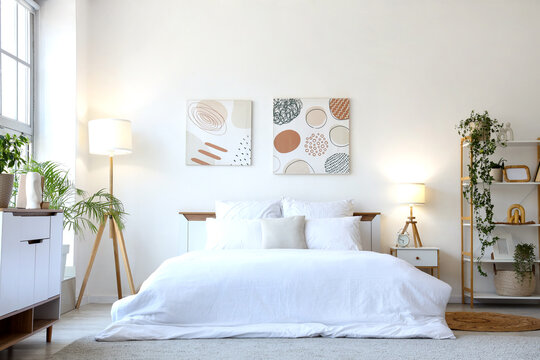 Interior of light bedroom with cozy bed, glowing lamps and houseplants