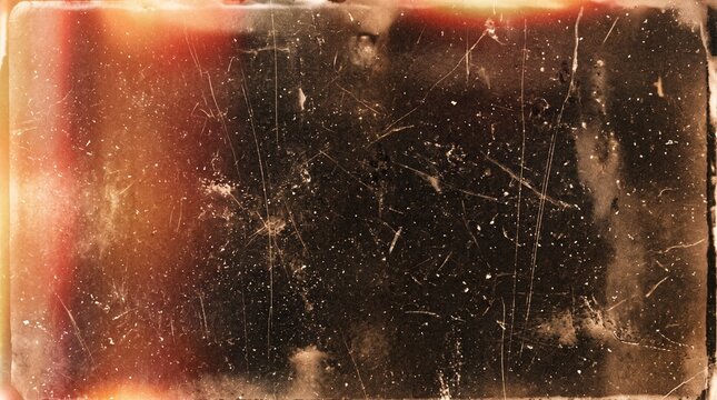 Dark moody film burn background with warm orange light leaks, white dust particles, heavy scratches, distressed grunge texture, and vintage photo overlay for video thumbnail.