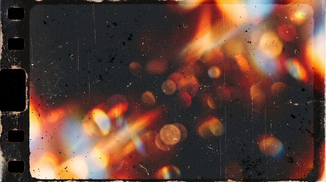 Vintage 35mm film strip frame background with colorful bokeh light leaks, dust, scratches, grunge texture, and distressed analog edges for retro photography video overlay design.