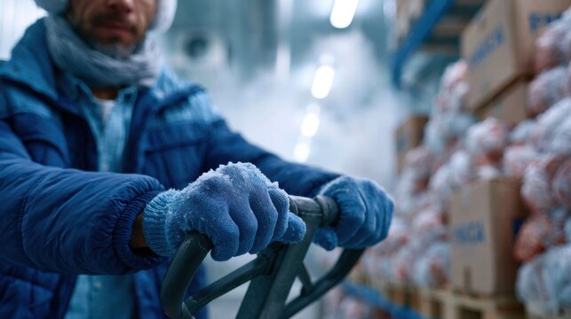 Male worker in blue jacket and gloves operates a pallet jack inside a cold storage room with stacked boxes and frost-covered surfaces visible in the background