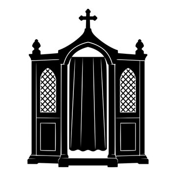 Confessional Booth with Cross, Curtain and Lattice Windows Silhouette