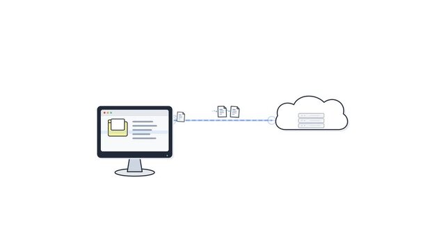 Data synchronization process showing file transfer from desktop computer to cloud storage server