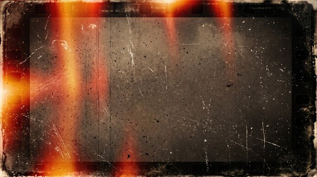 Classic 35mm film frame border distressed background texture with orange burn light leak scratches dust overlay effect for retro cinema slide photography portfolio creative backdrop design