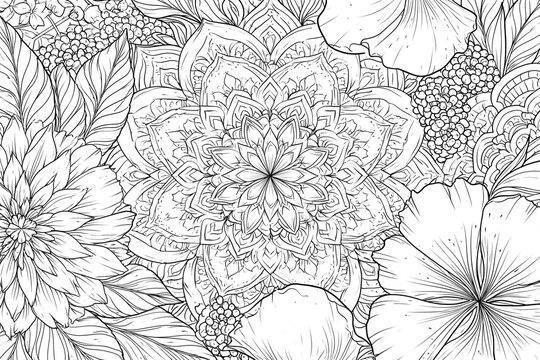 Delicate floral patterns fill the entire frame. Symmetrical mandala design centers the composition. Petals and leaves radiate from the core outward