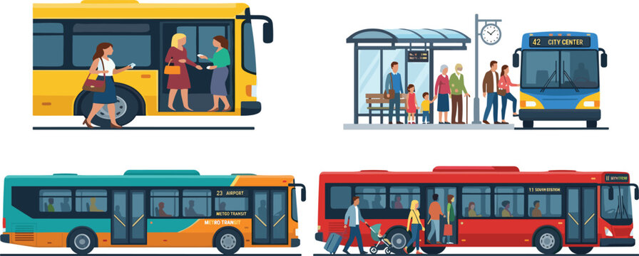 Urban public transport vector illustration with buses, passengers, and bus stop scenes for city  public transport vector illustration with buses, passengers, and bus stop scenes for city mobility