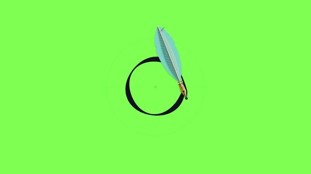 Feather quill pen drawing a circular spiral line on a chroma key background