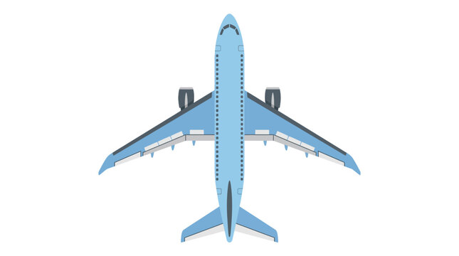 Top-Down View Illustration of a Modern Light Blue Commercial Passenger Airplane with Twin Engines and Sleek Fuselage Design, Isolated on a Plain White Background for Graphic Design