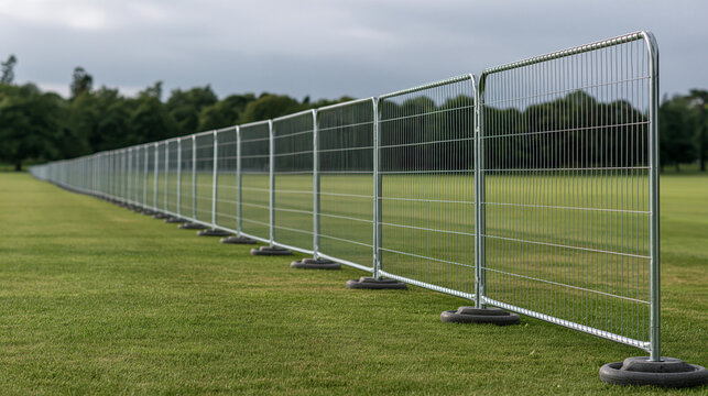 A long row of metal temporary construction fences installed on a green field under an overcast sky. Perfect for event security and perimeter control concepts.