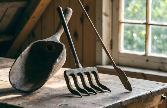 Vintage wooden gardening tools resting on rustic wooden surface near window