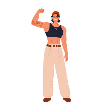 Strong woman, girl power. Female with strong arm, muscles for strength, girl power, feminism and empowerment concept. Woman character portrait. Flat cartoon vector illustration isolated on white
