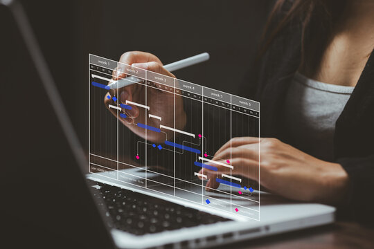 Businesswoman using a laptop with a digital project timeline and Gantt chart, representing project management, scheduling, workflow planning, deadlines, teamwork, and business productivity.
