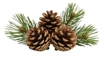 Fototapeta premium Three textured brown pine cones with green pine needles, isolated on transparent background