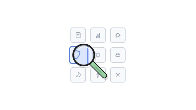 Interactive control panel interface with magnifying glass highlighting settings and confirmation checkmark