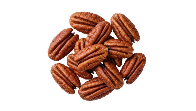 Pile of whole shelled pecan nuts with rich brown textured shells, isolated on transparent background